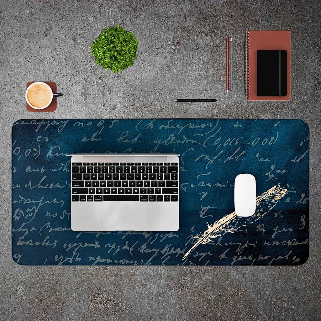 Vintage Manuscript Desk Mat | Dark Teal Neoprene Desk Pad | Feather Quill Mouse Pad | Large Gaming Mat | Writer's Desk Accessory