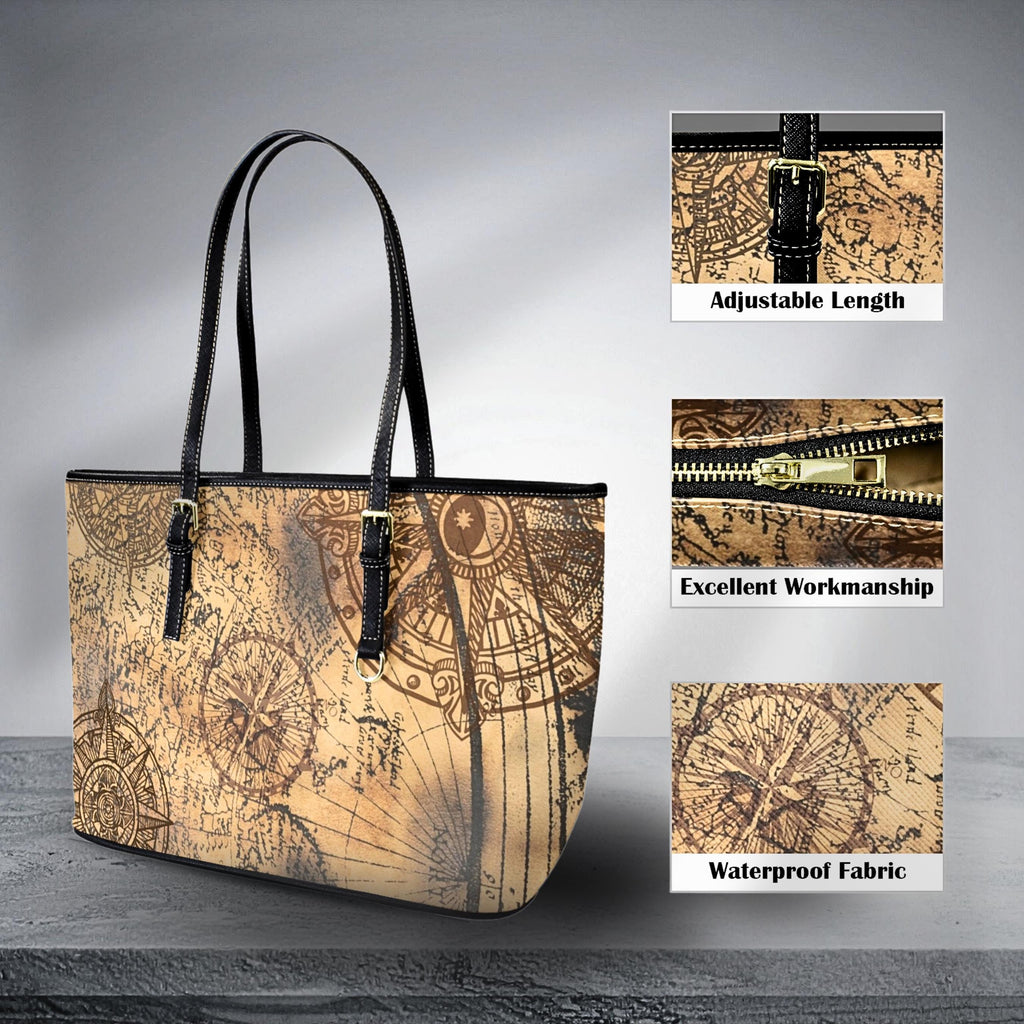 Vintage Compass Tote Bag | PU Leather Shoulder Bag | Old World Map Purse | Antique Nautical Handbag | Traveler Gift for Her