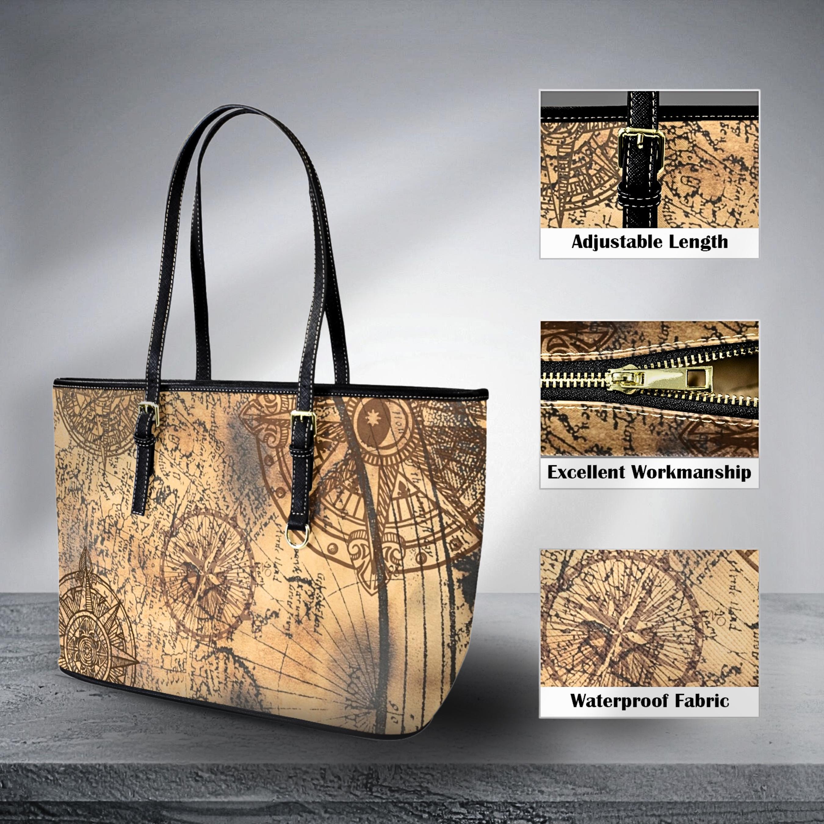 Vintage Compass Tote Bag | PU Leather Shoulder Bag | Old World Map Purse | Antique Nautical Handbag | Traveler Gift for Her