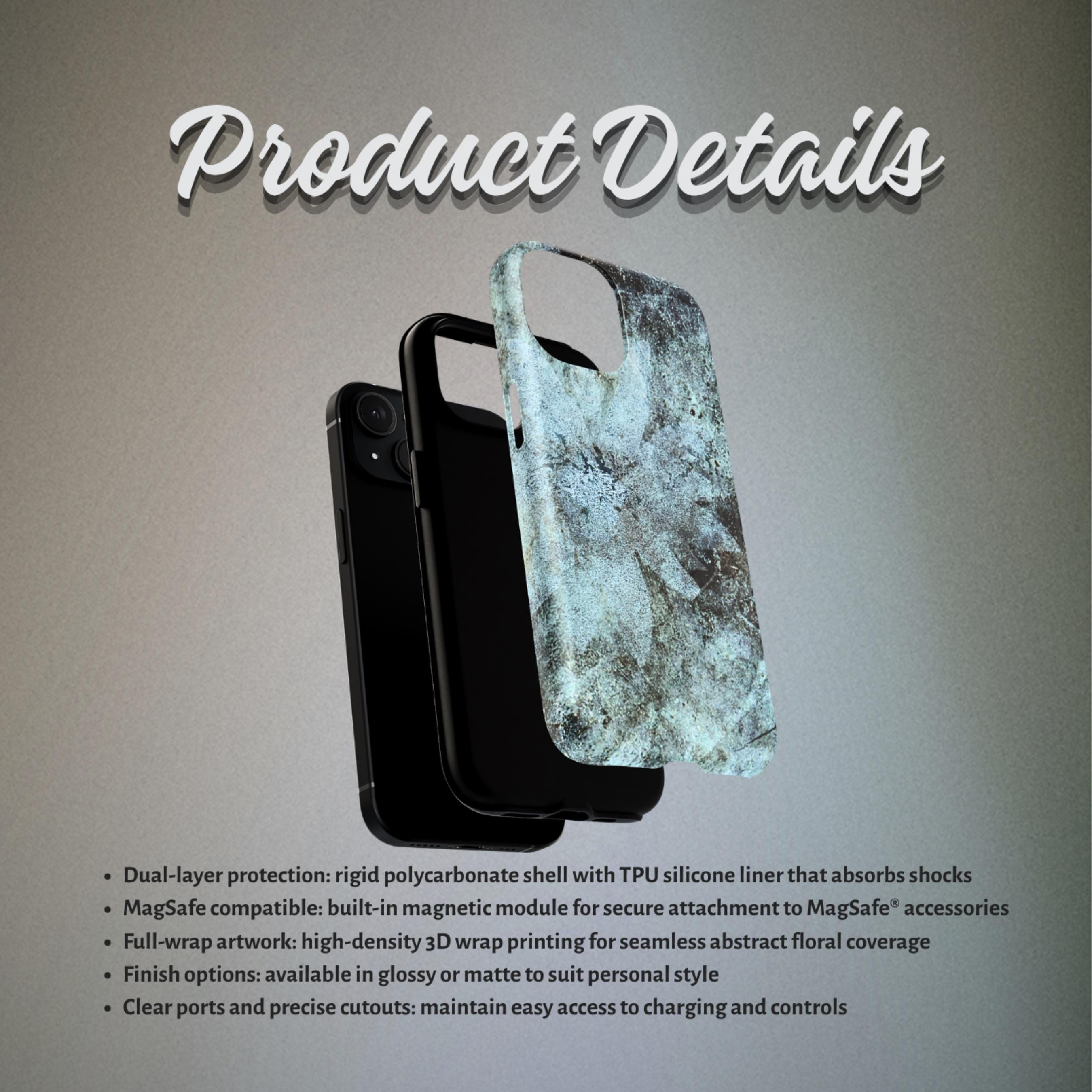 Abstract Teal Floral iPhone Case, MagSafe Compatible Phone Case, Dark Botanical iPhone 17 16 15 14 13 Case, Dual Layer Protective Case