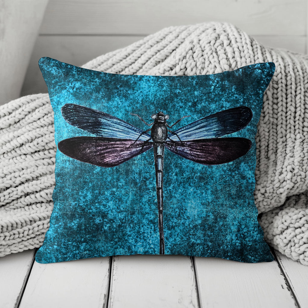 Dragonfly Faux Suede Pillow | Teal Boho Insect Nature Art Cushion