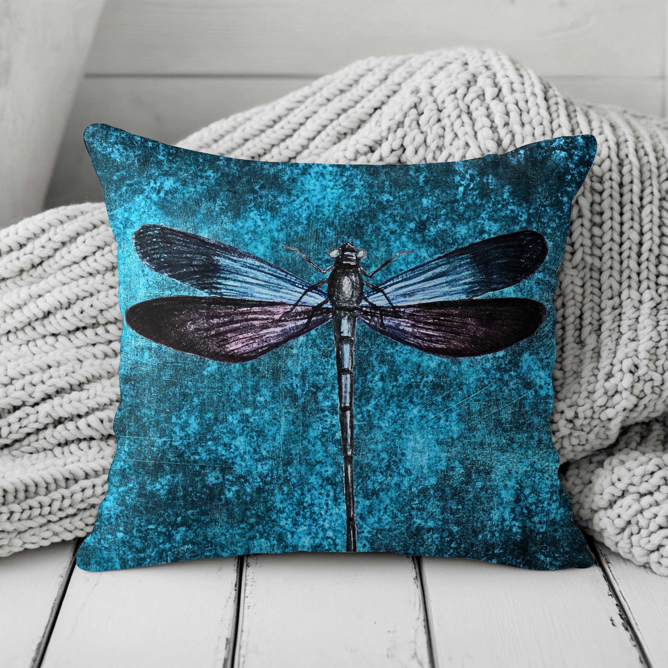 Dragonfly Faux Suede Pillow | Teal Boho Insect Nature Art Cushion
