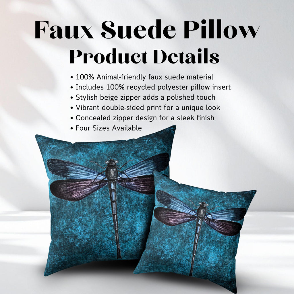 Dragonfly Faux Suede Pillow | Teal Boho Insect Nature Art Cushion