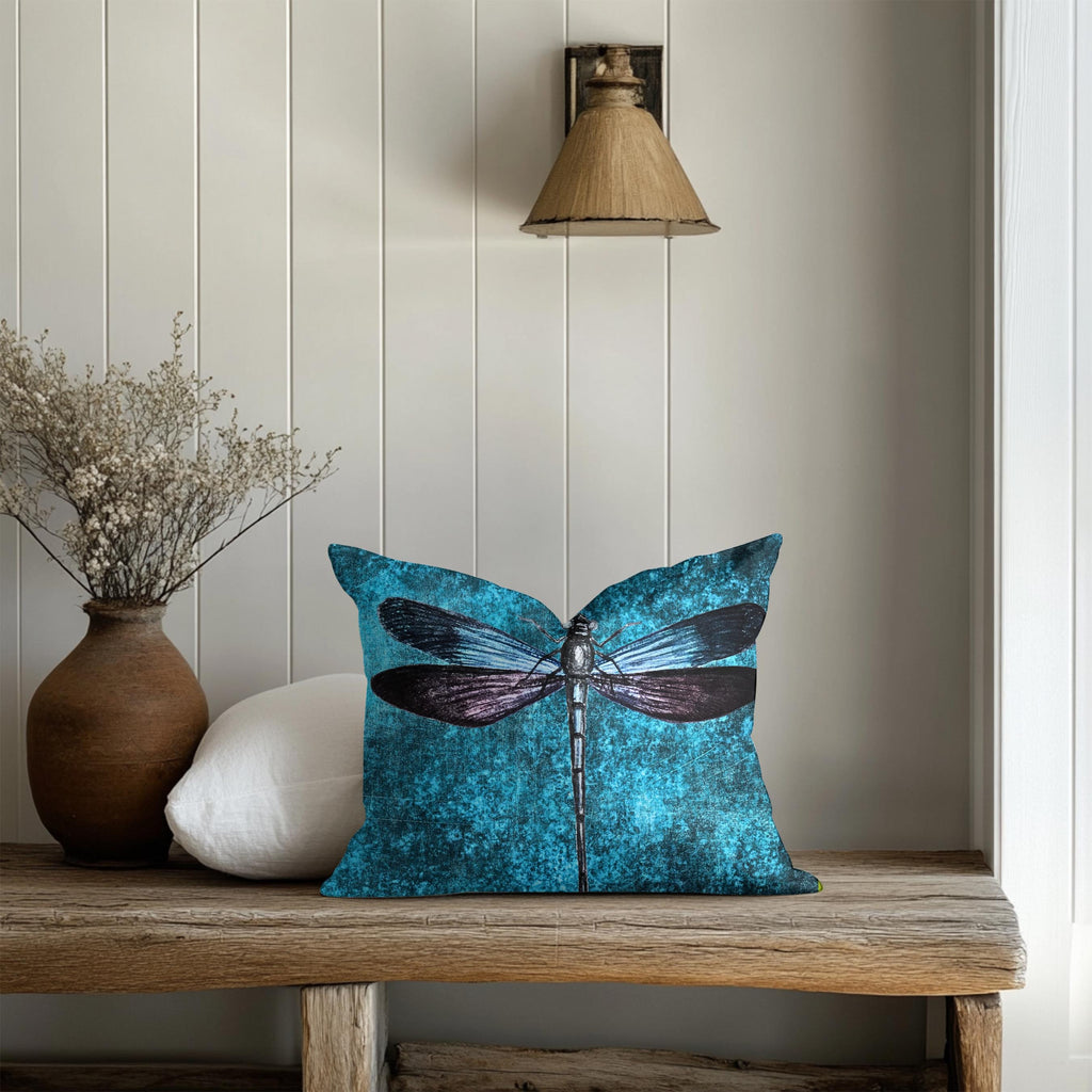 Dragonfly Faux Suede Pillow | Teal Boho Insect Nature Art Cushion