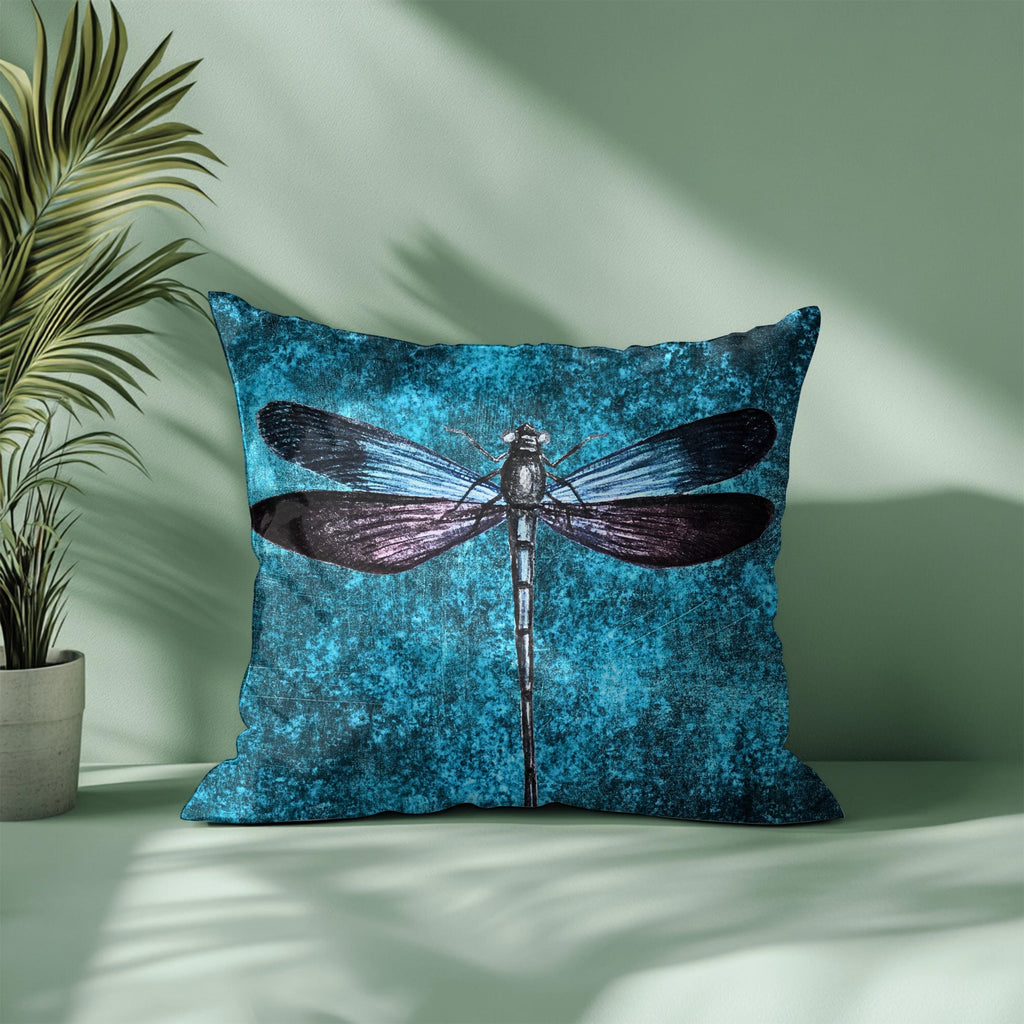 Dragonfly Faux Suede Pillow | Teal Boho Insect Nature Art Cushion