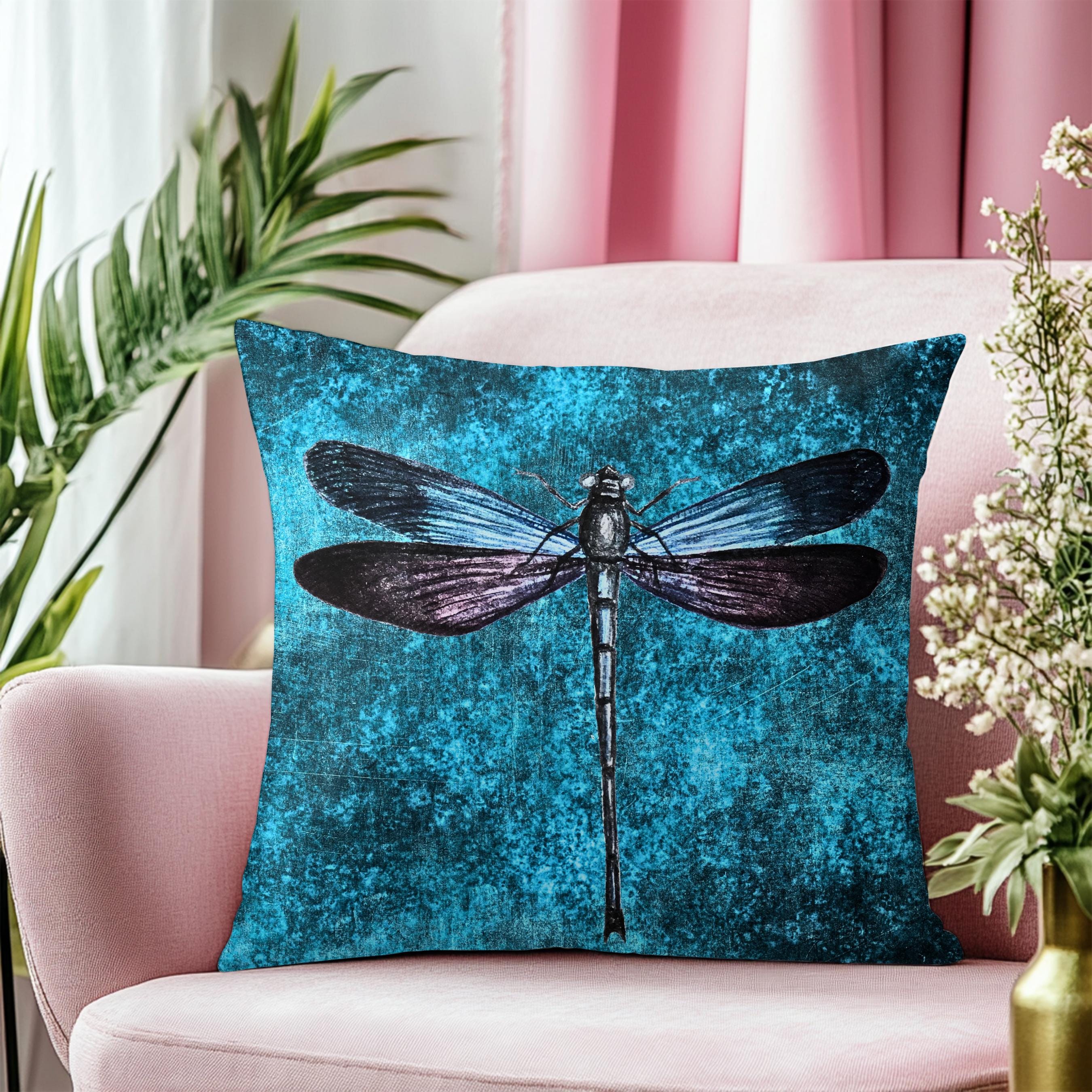 Dragonfly Faux Suede Pillow | Teal Boho Insect Nature Art Cushion