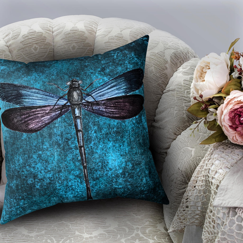 Dragonfly Faux Suede Pillow | Teal Boho Insect Nature Art Cushion