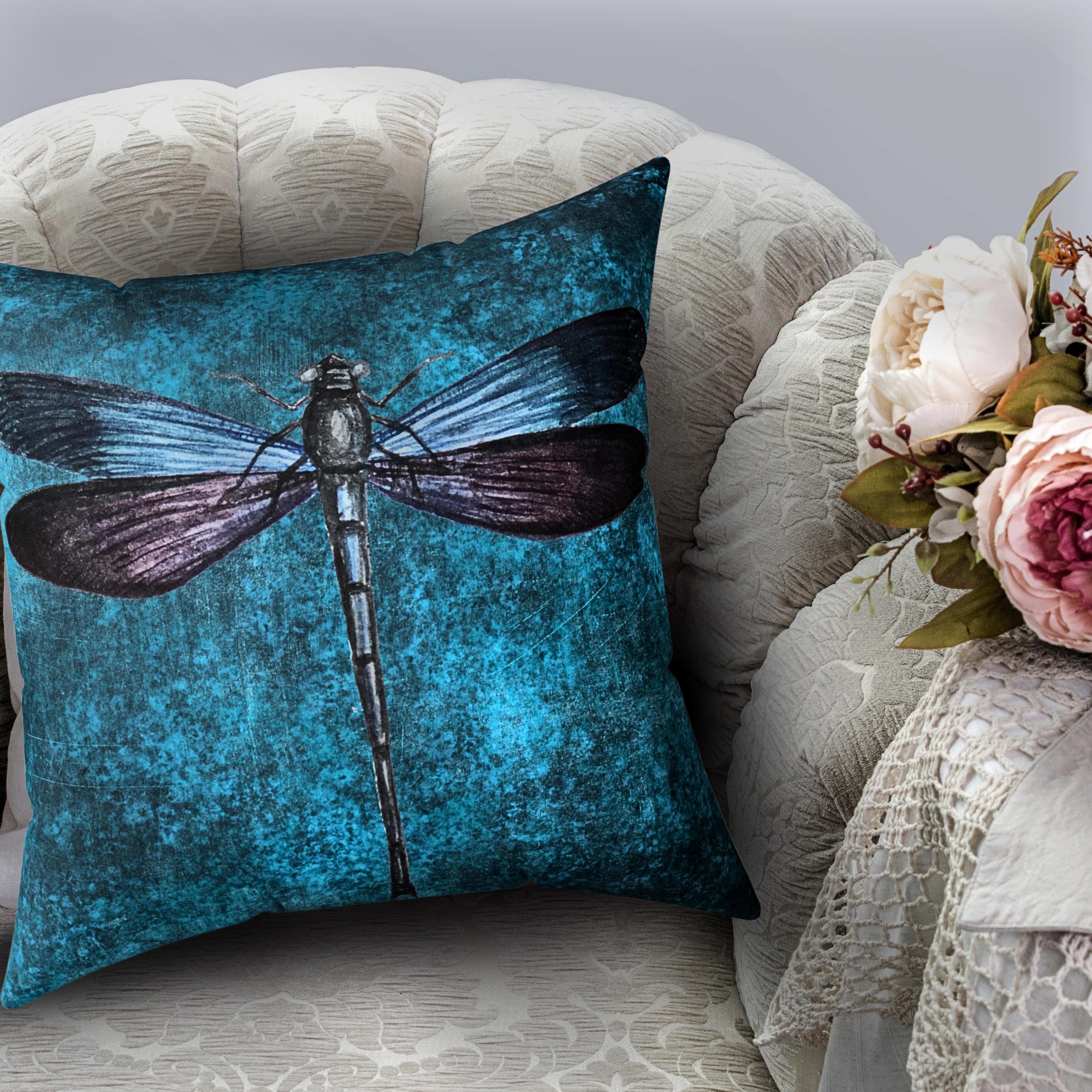 Dragonfly Faux Suede Pillow | Teal Boho Insect Nature Art Cushion