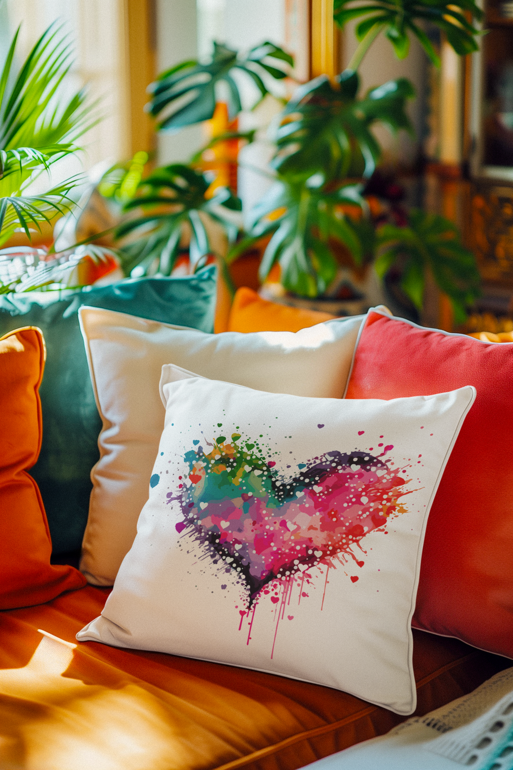 Watercolor Heart Splash Faux Suede Square Pillow